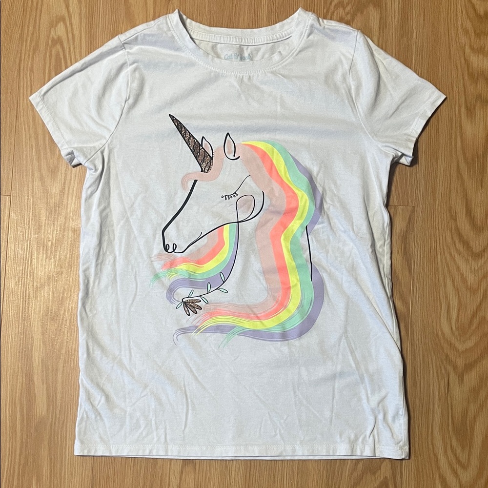 Cat & Jack Unicorn Tee - White with Rainbow and Glitter, size L 10-12